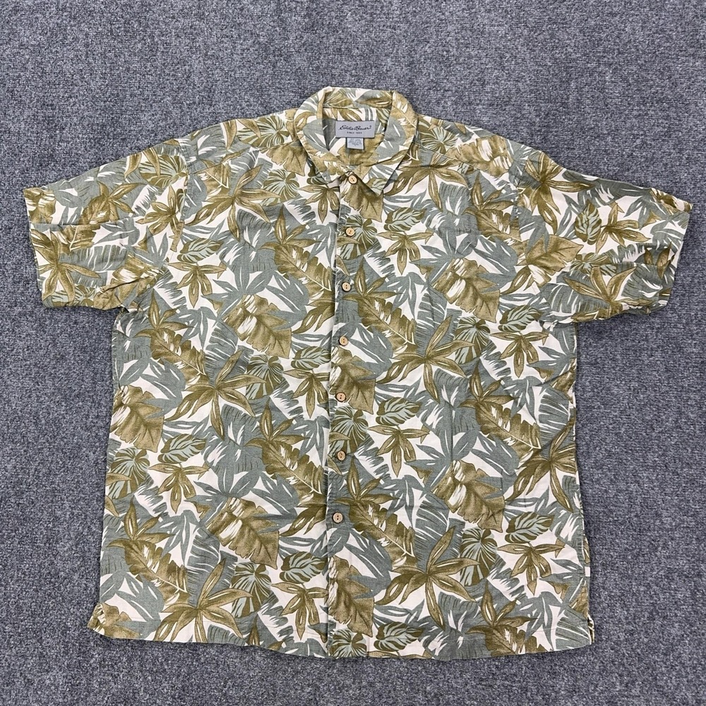 Eddie Bauer Shirt Mens L Green Floral Linen Short Sleeve Button Front Hawaiian